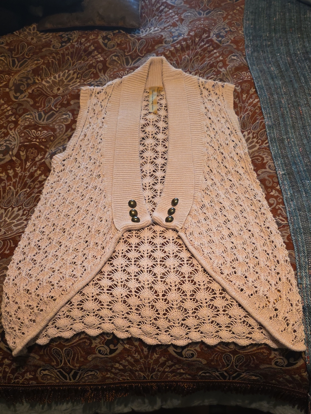Open-Knit Sleeveless Vest with Shawl Collar - Cream